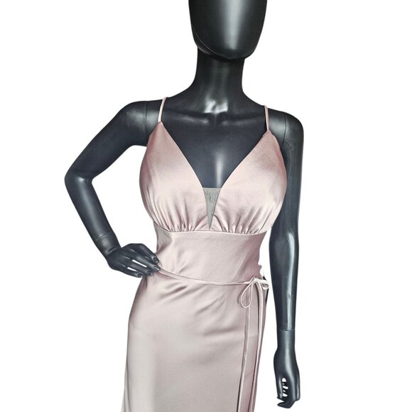 Latte Silky Satin V-Neck Plunge Fitted Party/Cocktail Dress NWOT - Mori Lee - Picture 2 of 7